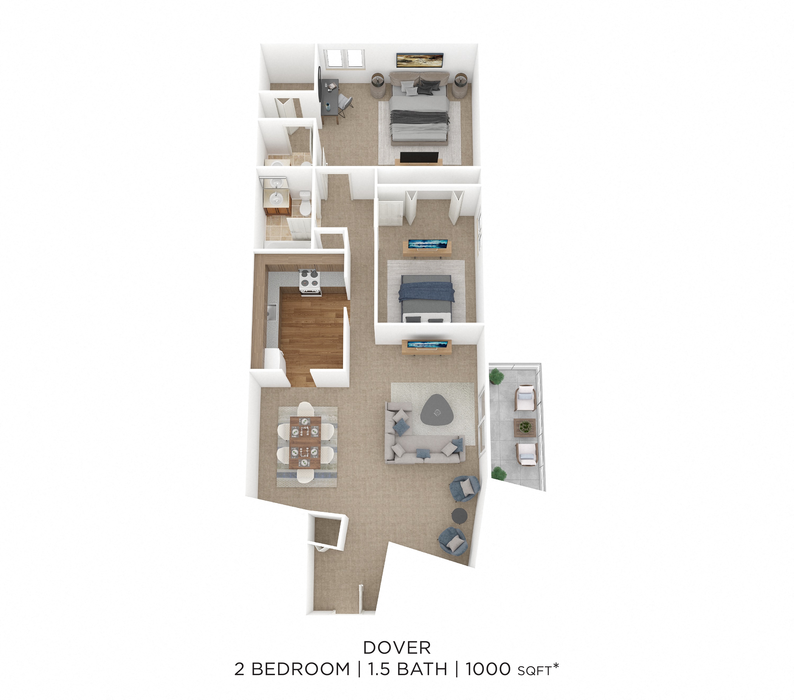 Two Bedroom 1.5 Bath-1,000 sqft floor plan