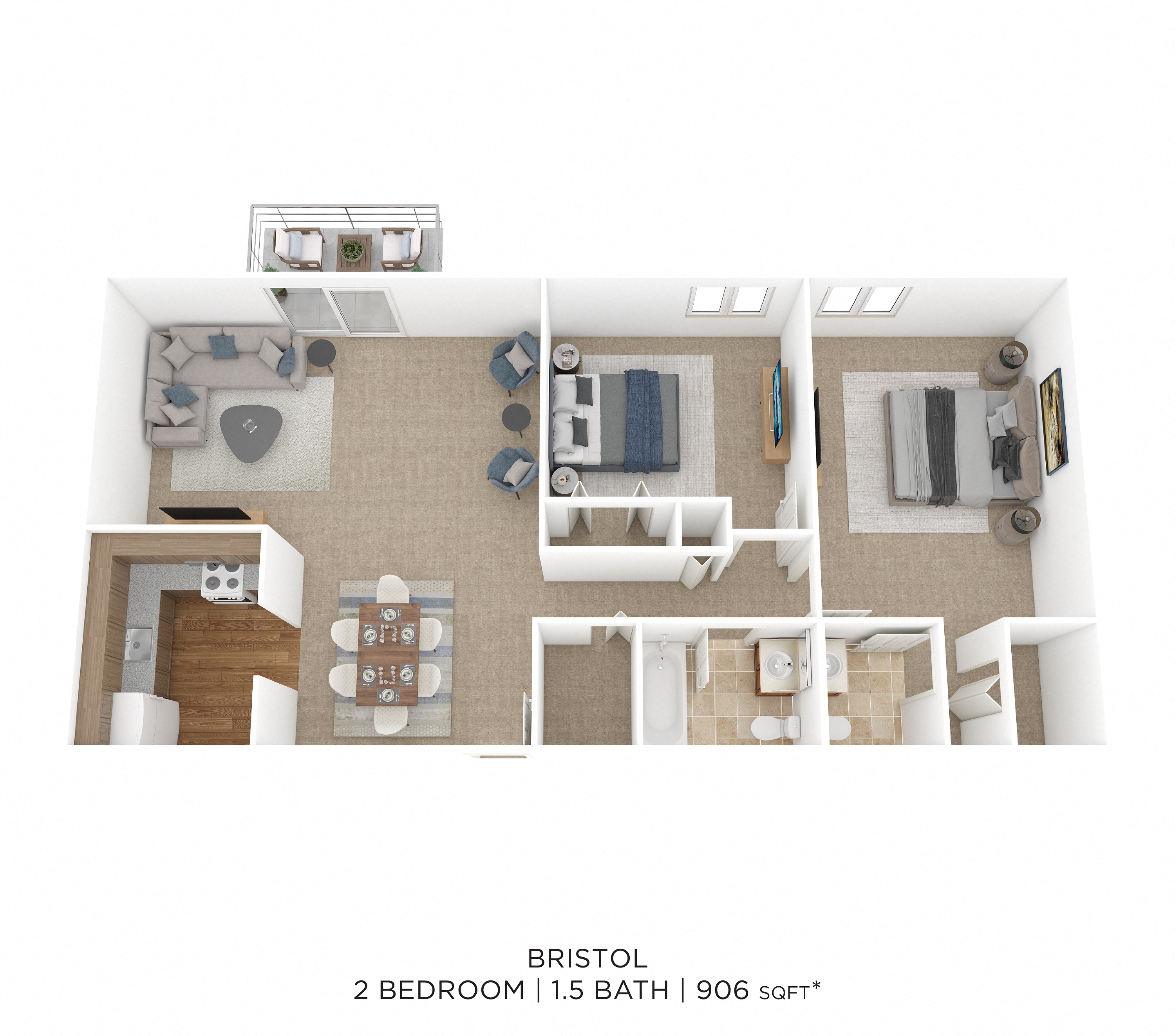 Two Bedroom 1.5 Bath-906 sqft floor plan