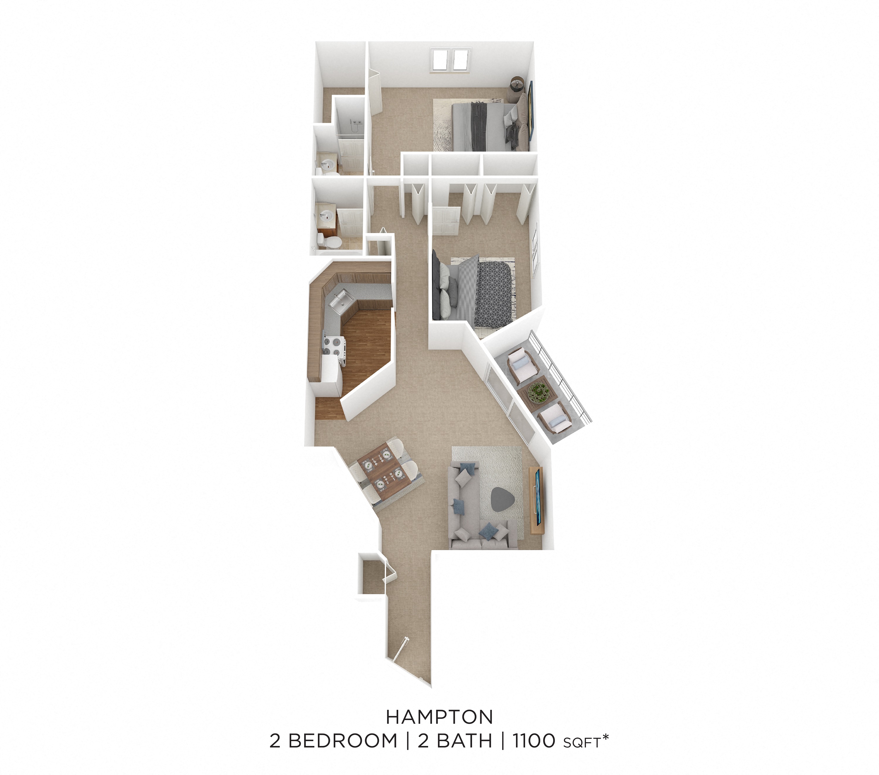 Two Bedroom 2 Bath- 1,100 sqft floor plan