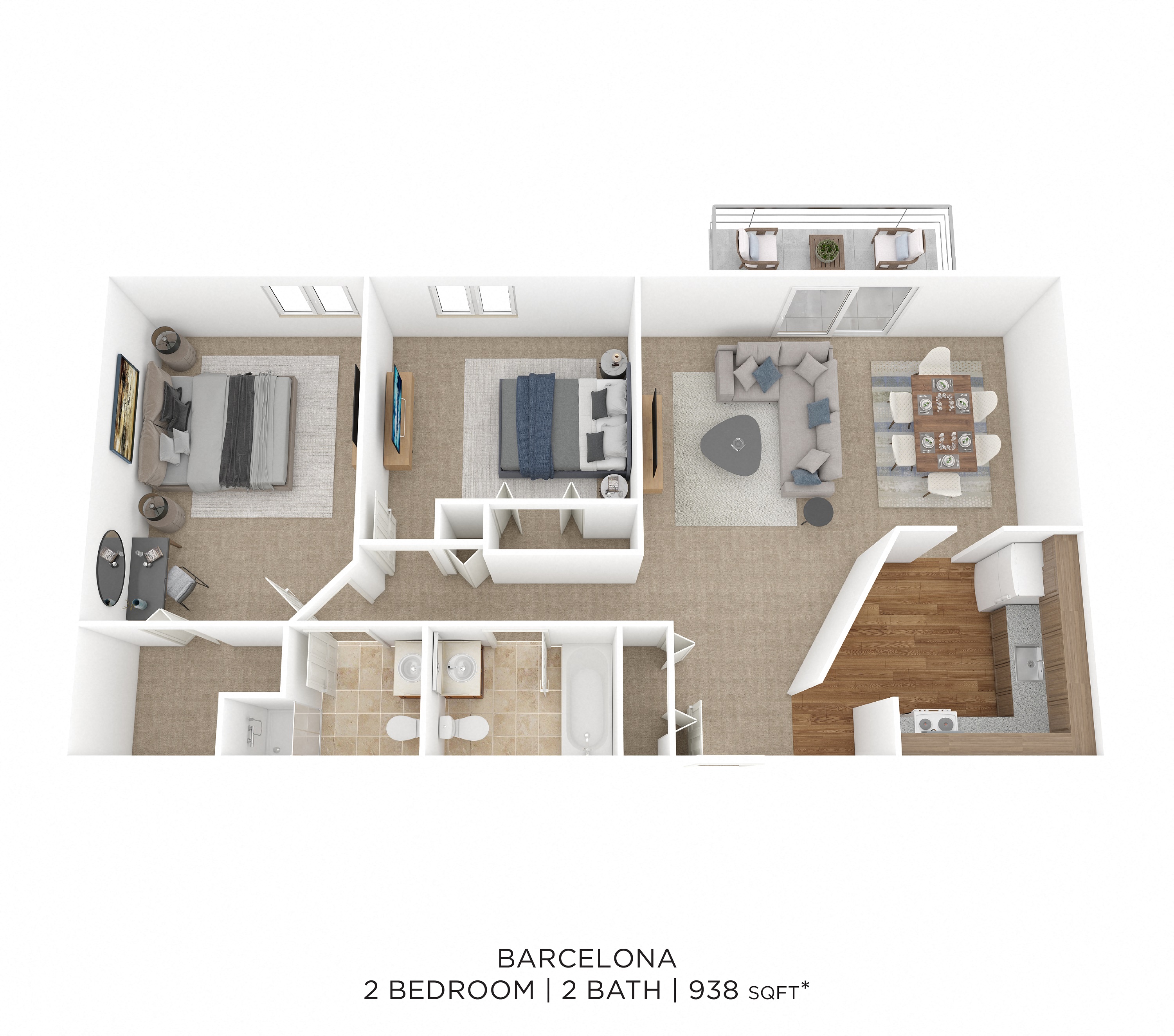 Two Bedroom 2 Bath-938 sqft floor plan