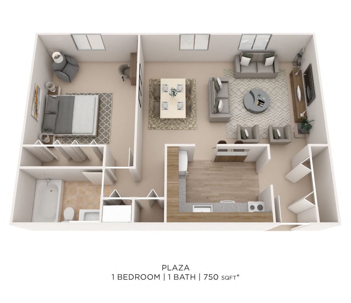One Bedroom- 750 sqft floor plan