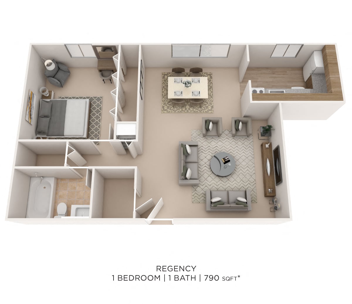 One Bedroom- 790 sqft floor plan