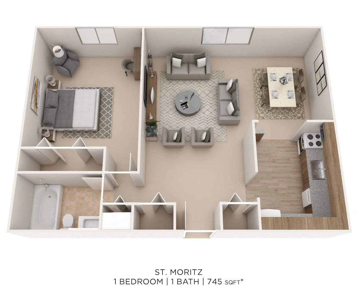 One Bedroom- 745 sqft floor plan