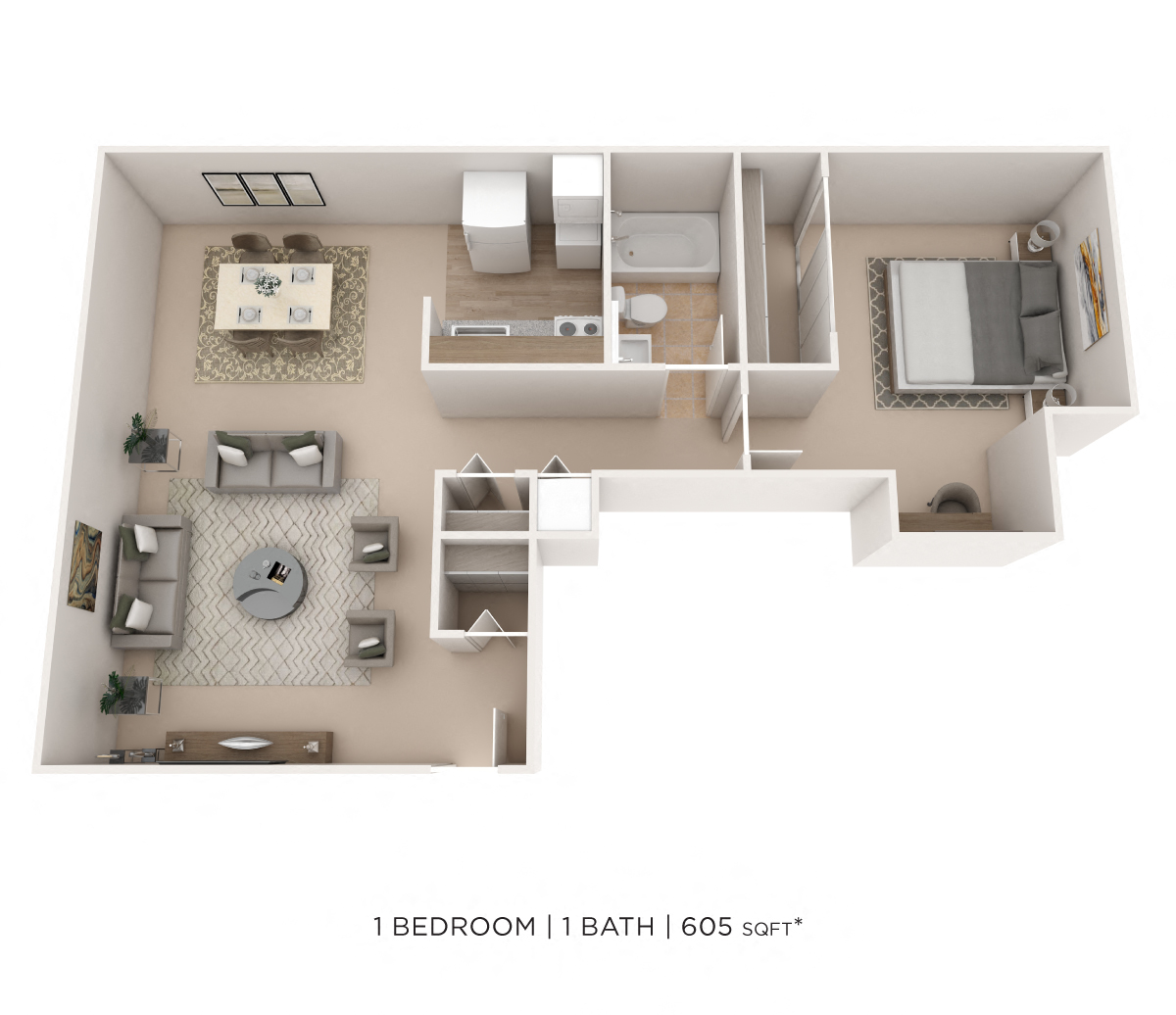 One Bedroom- 605 sqft floor plan