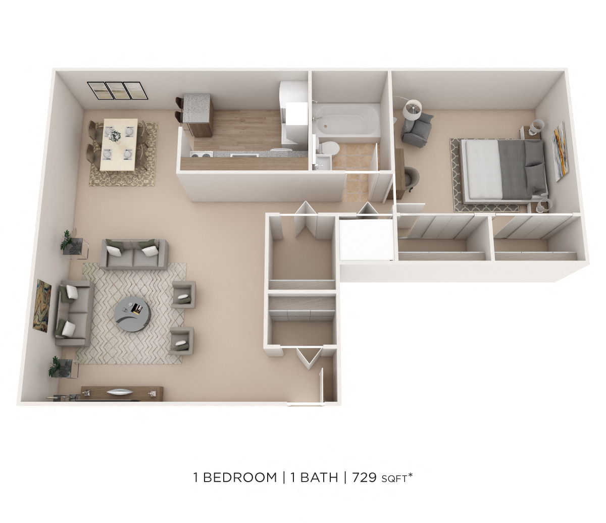 One Bedroom- 729 sqft floor plan