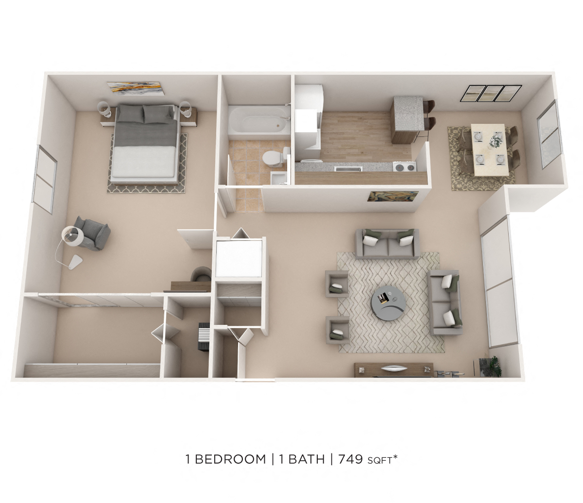 One Bedroom- 749 sqft floor plan