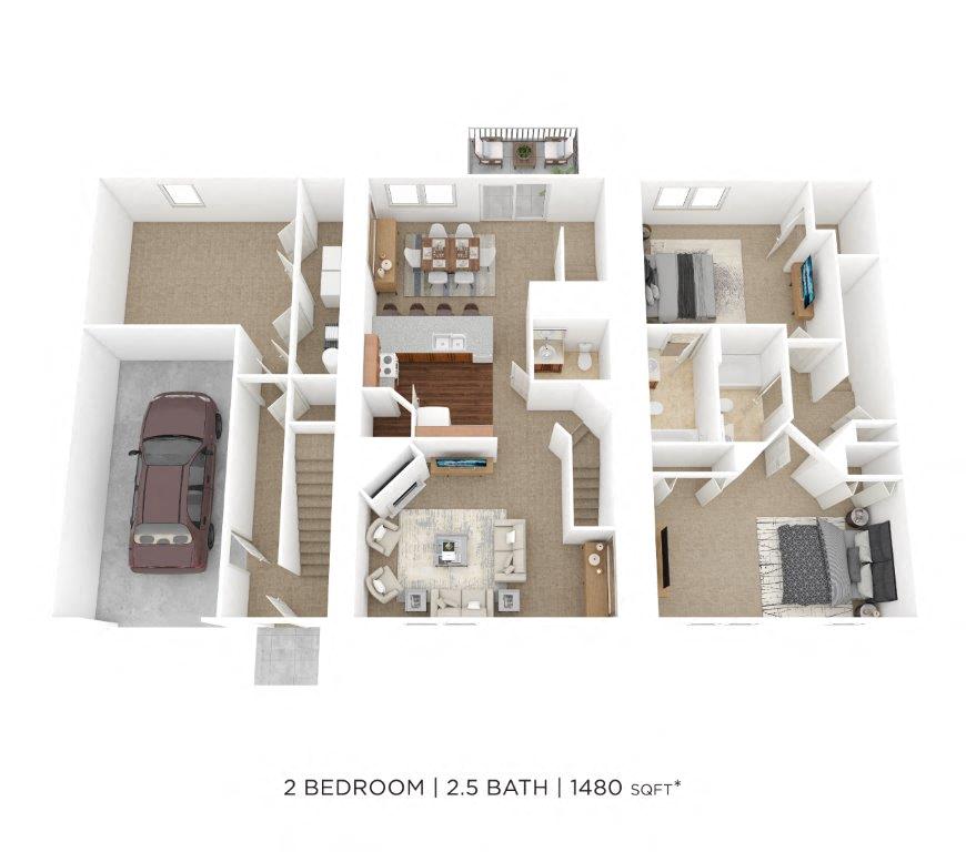 Two Bedroom 2.5 Bath Townhome- 1480 sqft floor plan