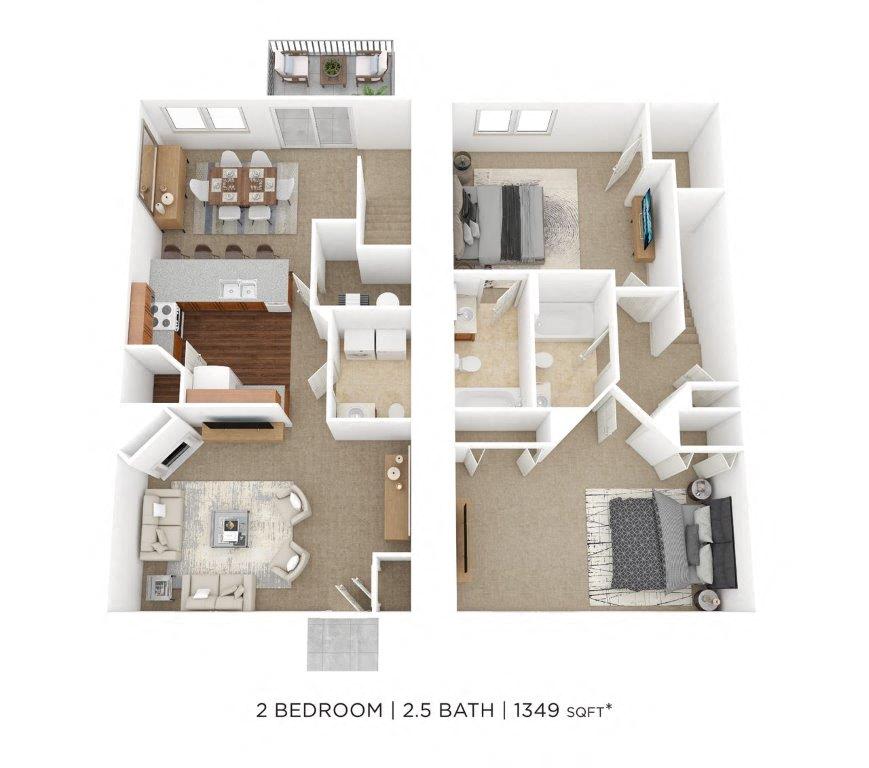 Two Bedroom 2.5 Bath Townhome- 1349 sqft floor plan