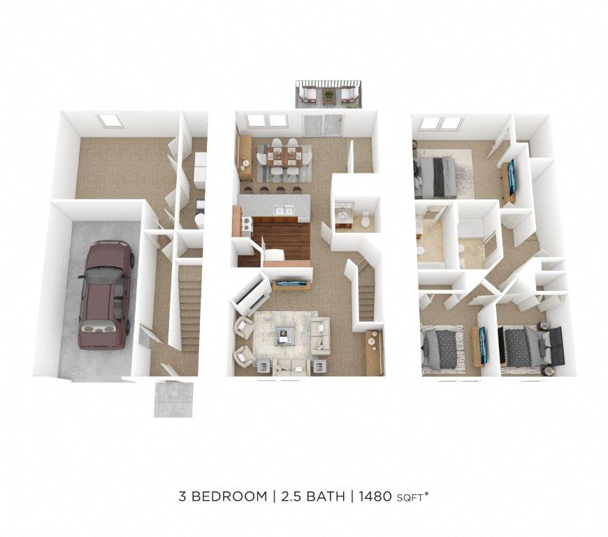 Three Bedroom 2.5 Bath Townhome- 1480 sqft floor plan