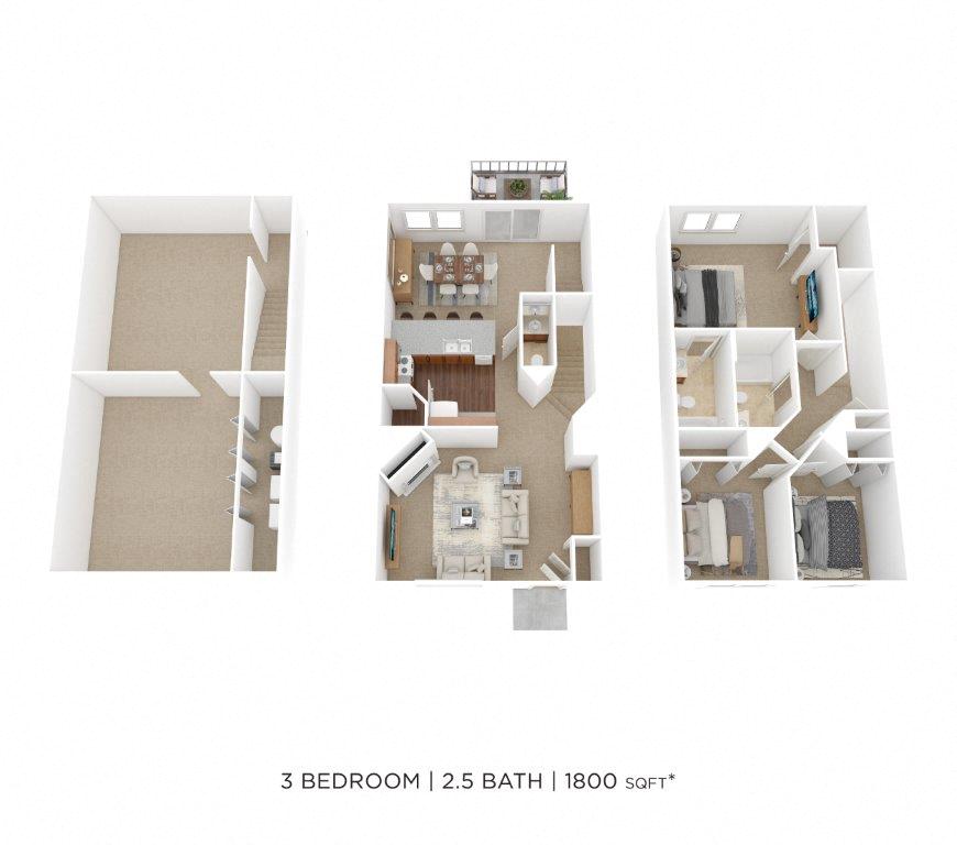 Three Bedroom 2.5 Bath Townhome- 1800 sqft floor plan