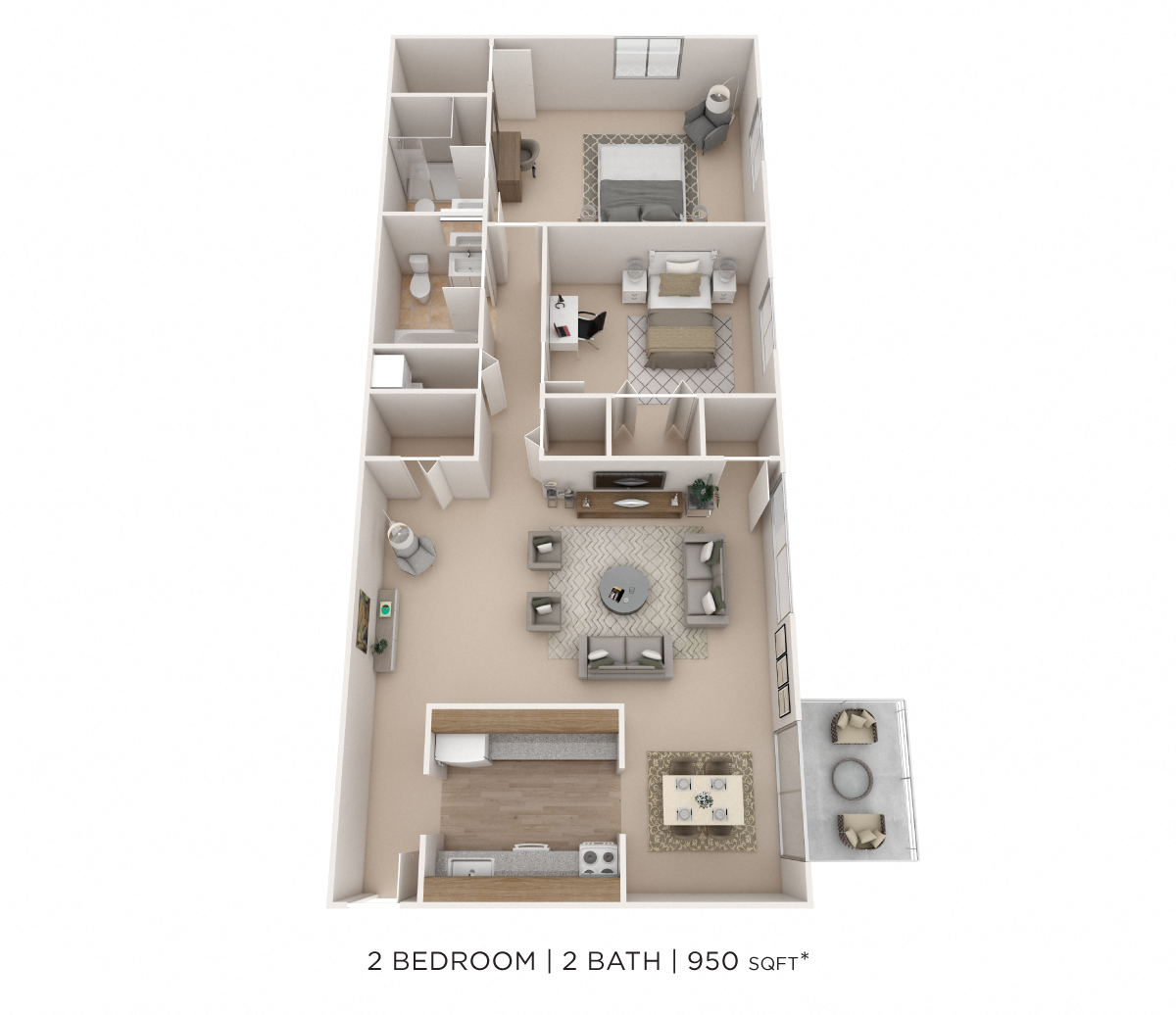 Two Bedroom 2 Bath- 950 sqft floor plan
