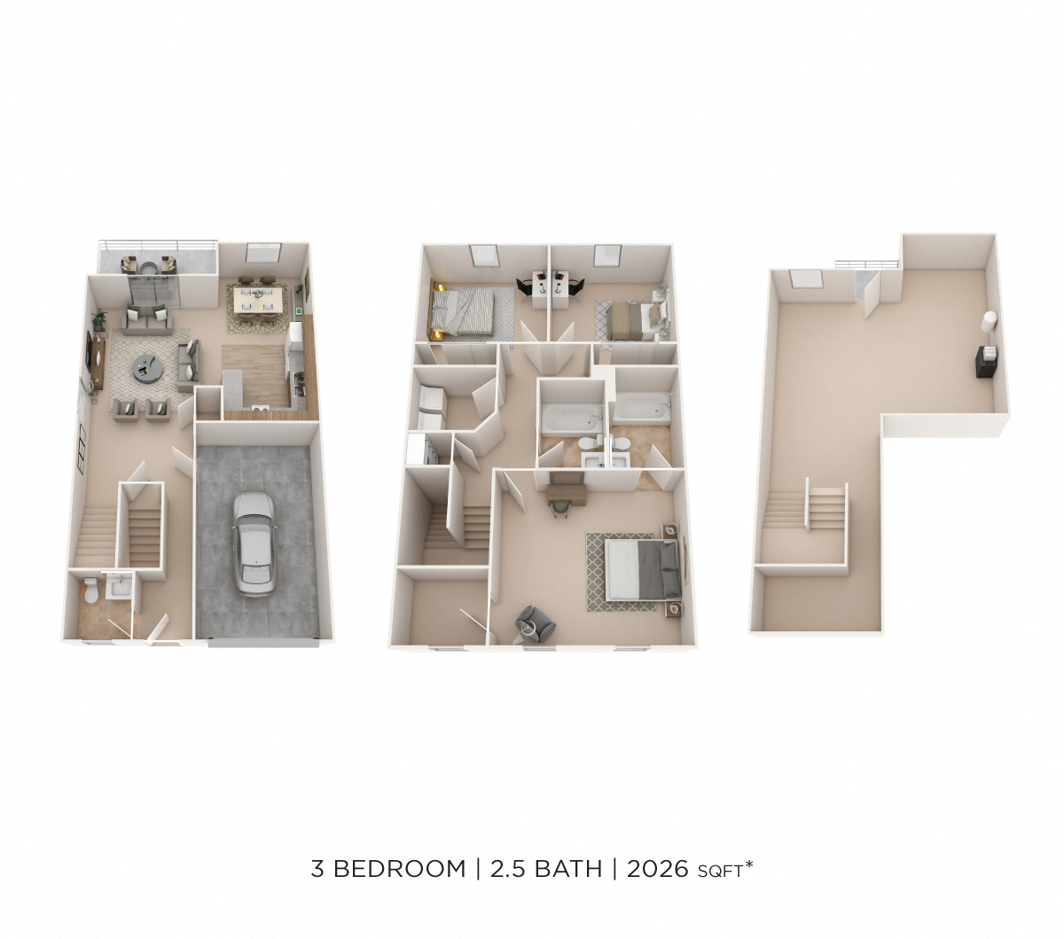 Three Bedroom 2.5 Bath Townhome with Garage floor plan