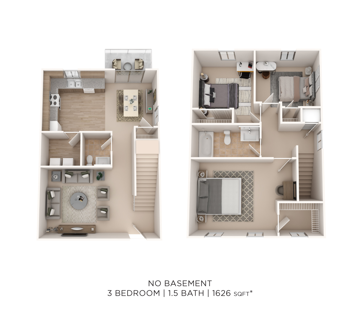 Three Bedroom 1.5 Bath Townhome floor plan