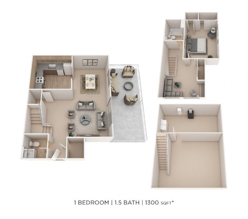 One Bedroom 1.5 Bath Townhome floor plan