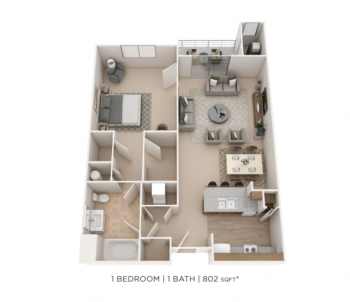 One Bedroom- 802 sqft floor plan