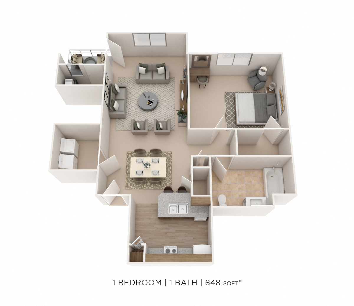 One Bedroom- 848 sqft floor plan