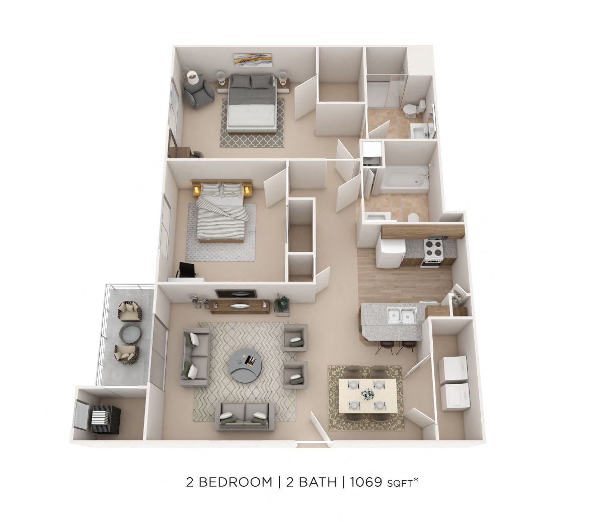 Two Bedroom 2 Bath- 1,069 sqft floor plan
