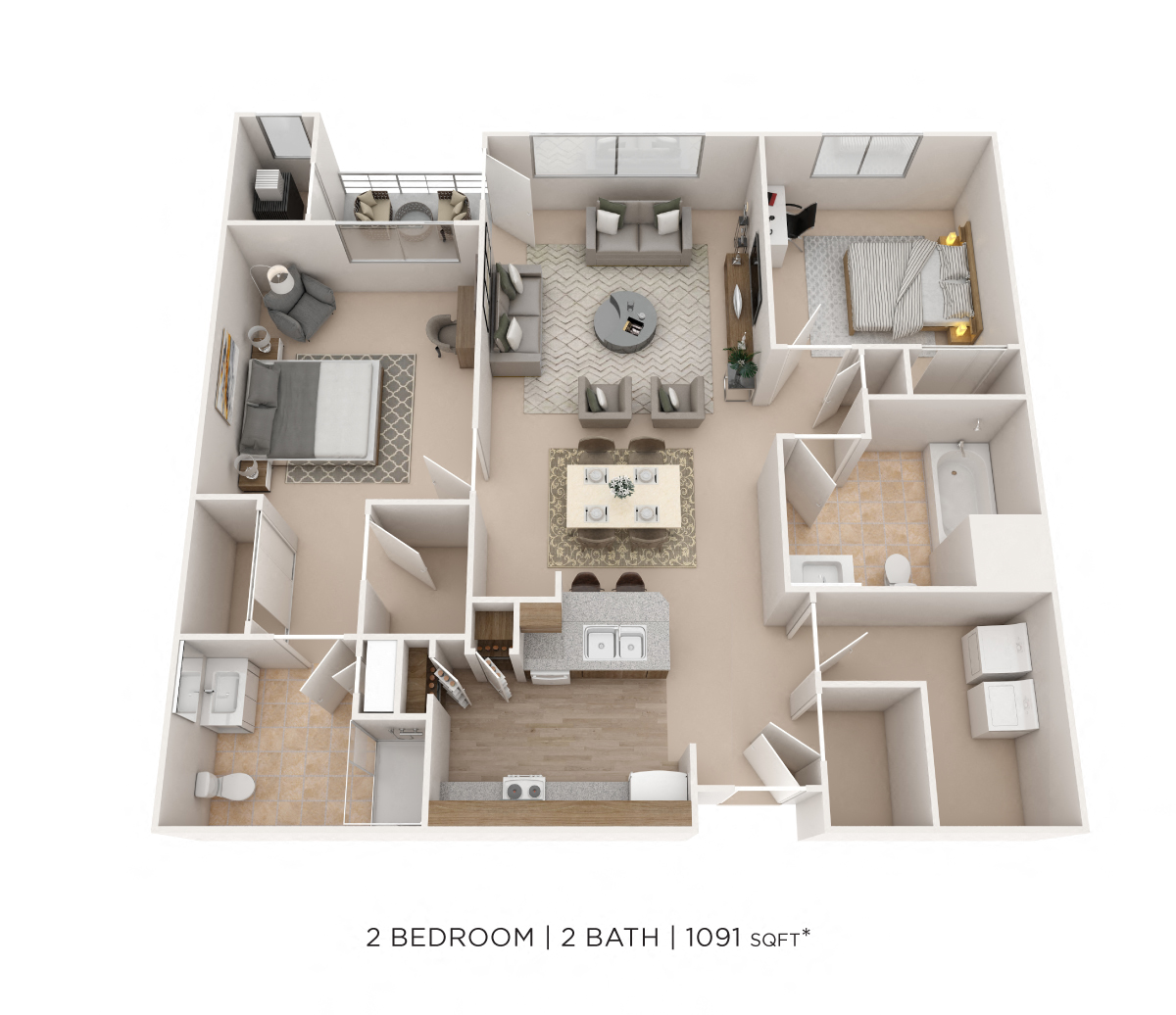 Two Bedroom 2 Bath- 1,091 sqft floor plan