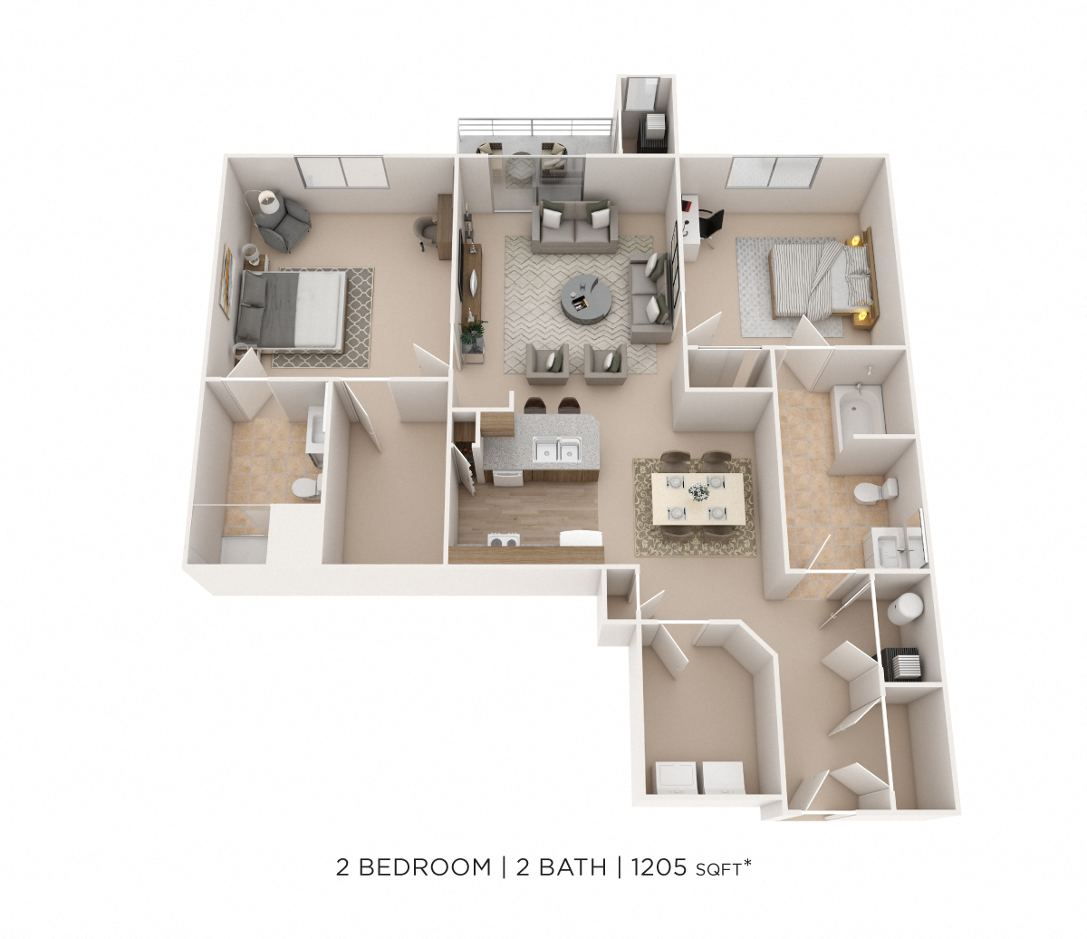Two Bedroom 2 Bath- 1,205 sqft floor plan