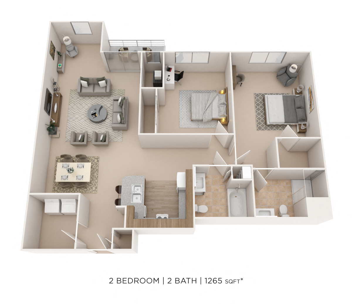 Two Bedroom 2 Bath- 1,265 sqft floor plan