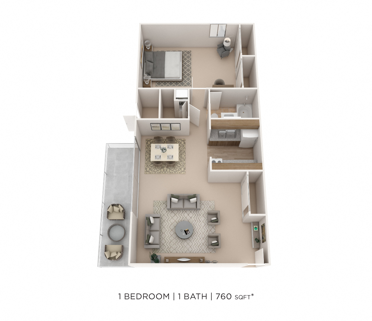 One Bedroom- 760 sqft floor plan