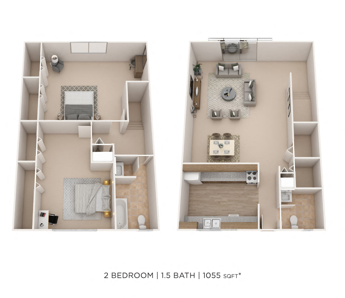 Two Bedroom 1.5 Bath Townhome- 1055 sqft floor plan
