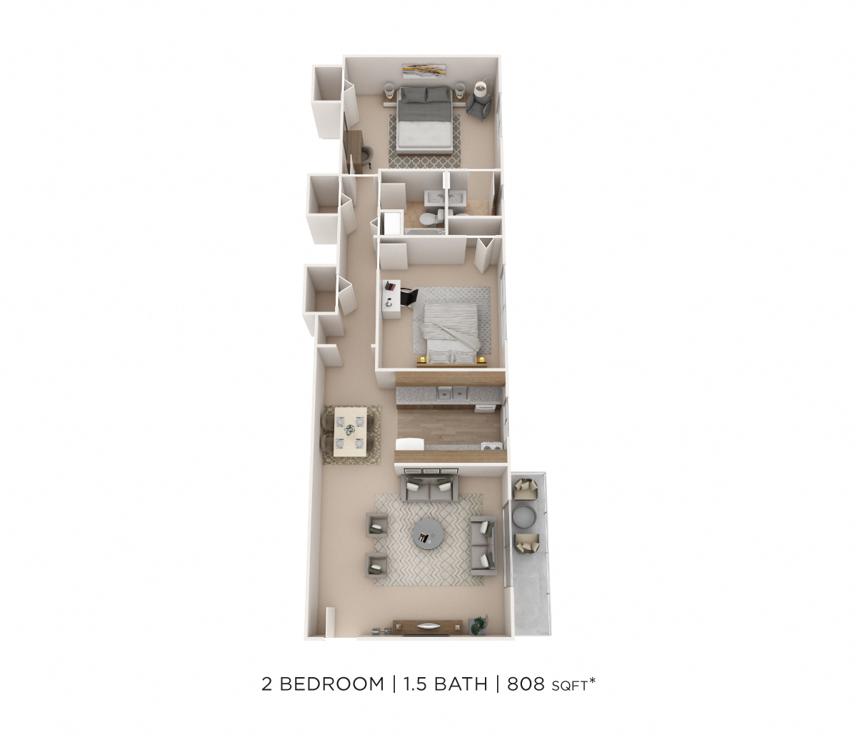 Two Bedroom 1.5 Bath-808 sqft floor plan