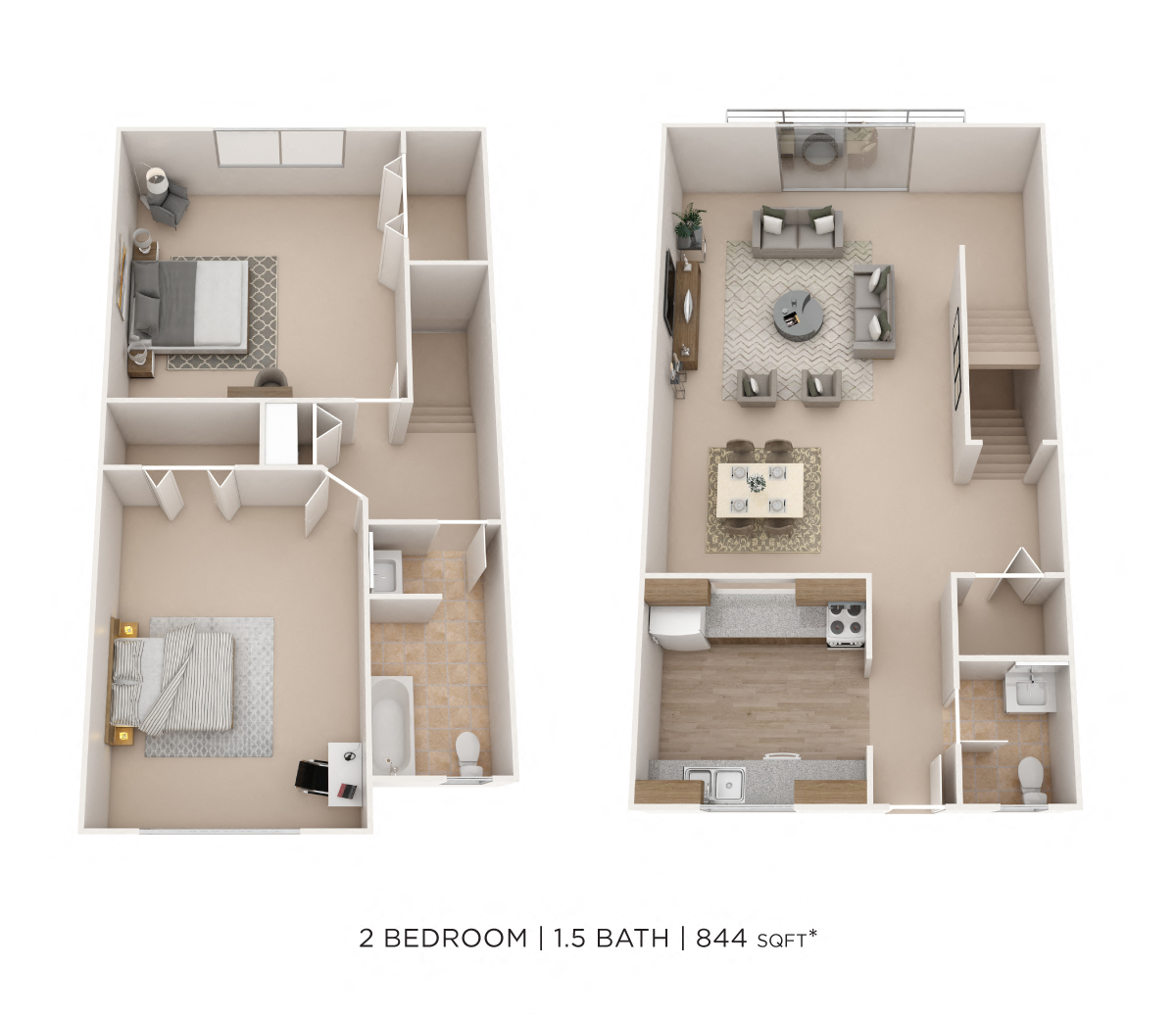 Two Bedroom 1.5 Bath Townhome- 844 sqft floor plan