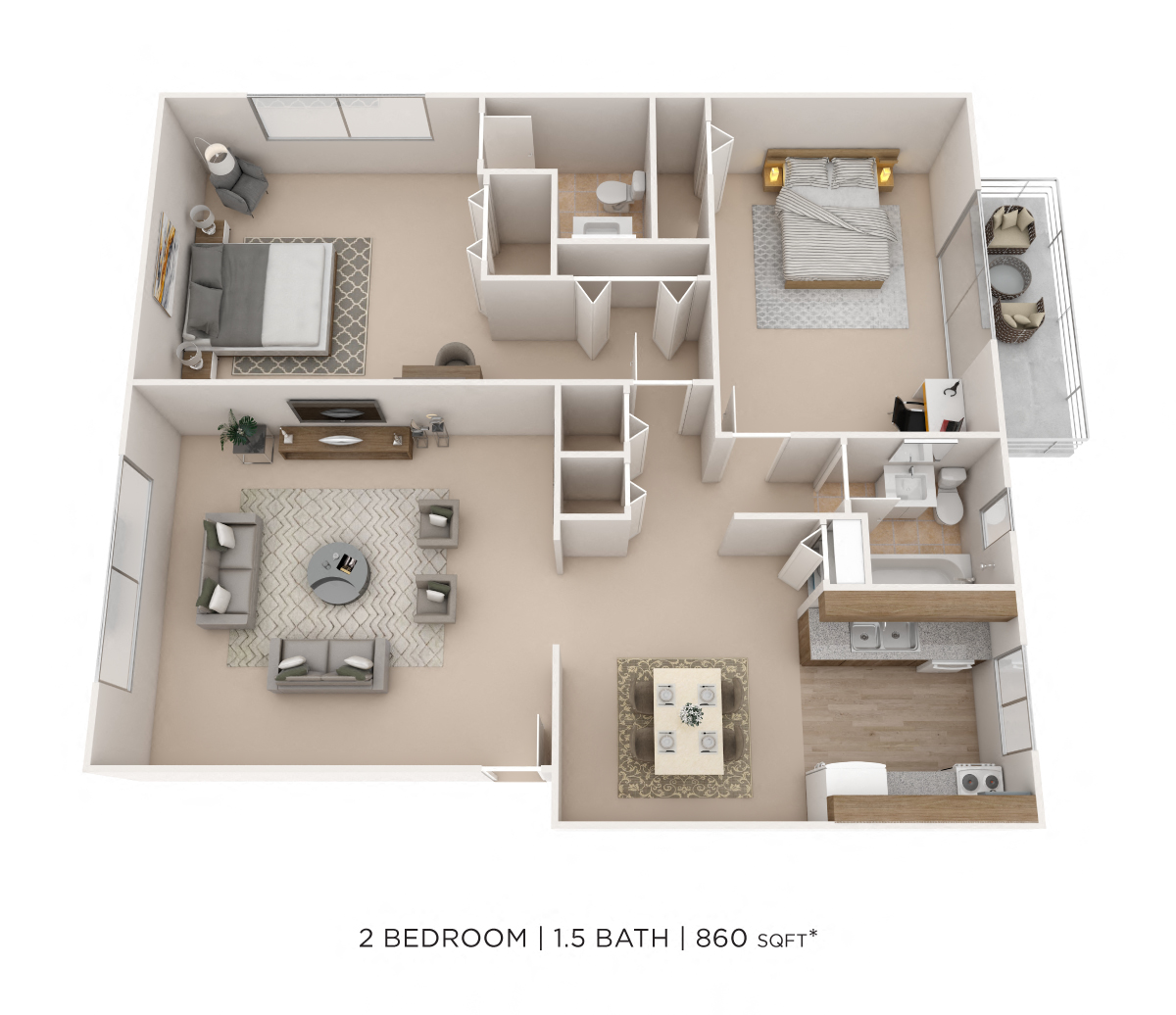 Two Bedroom 1.5 Bath-860 sqft floor plan
