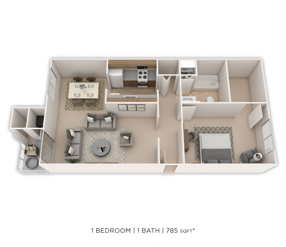 One Bedroom- 785 sqft floor plan