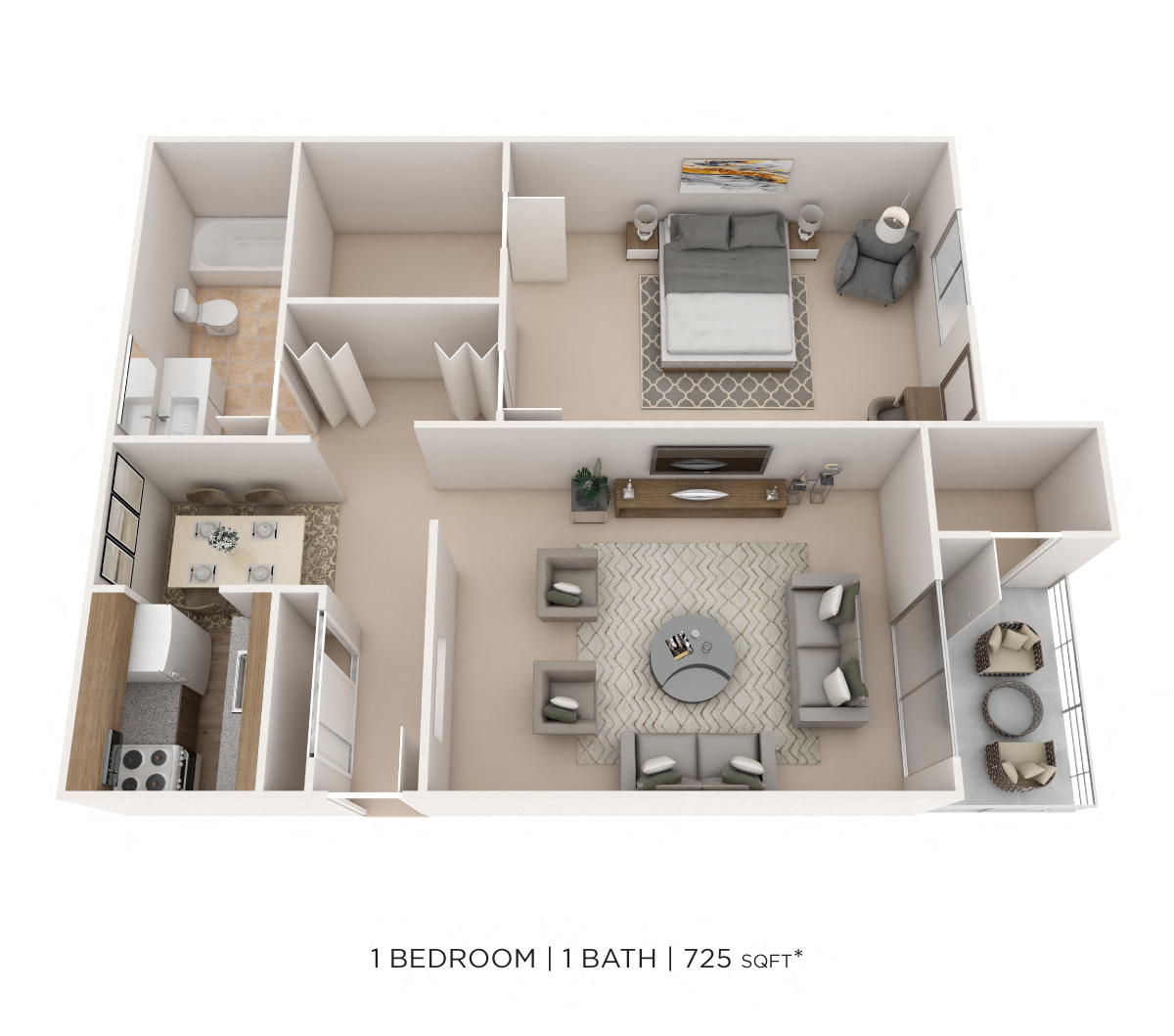One Bedroom- 725 sqft floor plan
