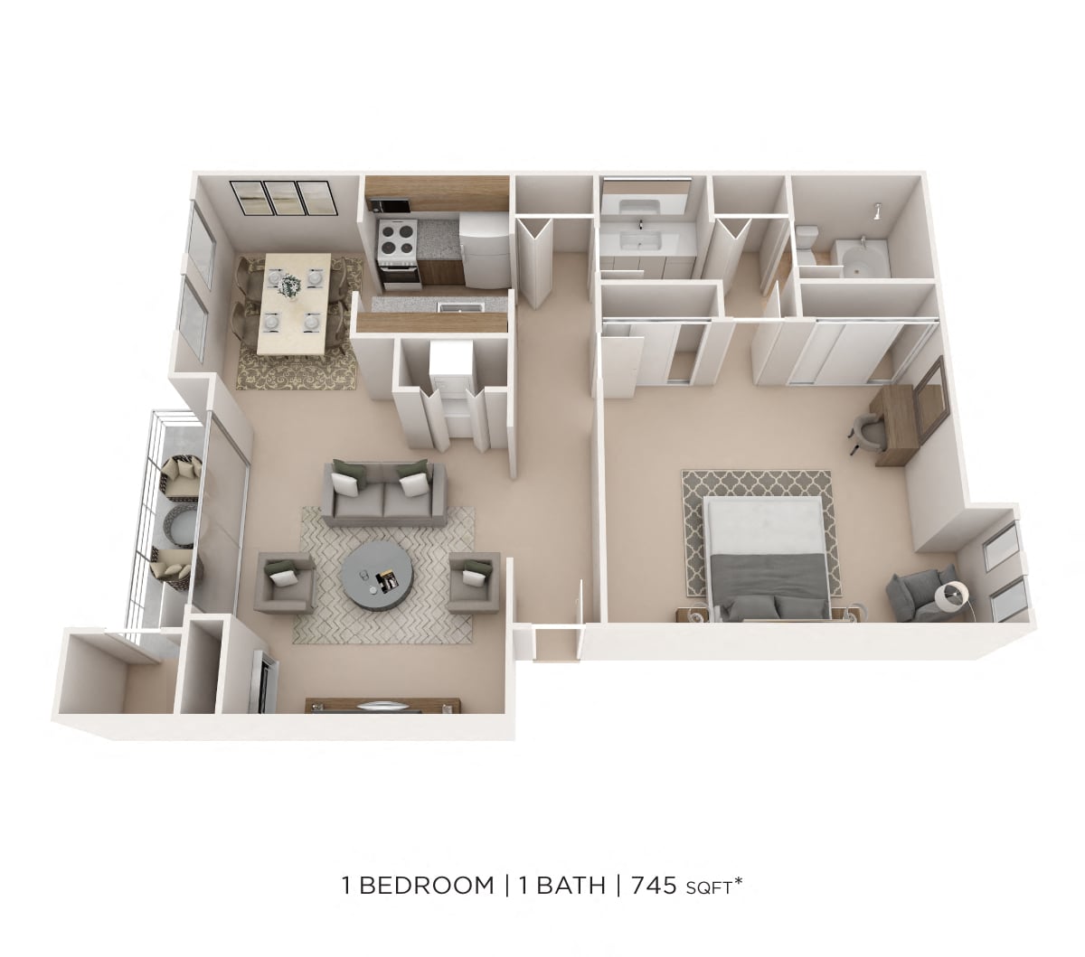 One Bedroom- 745 sqft floor plan