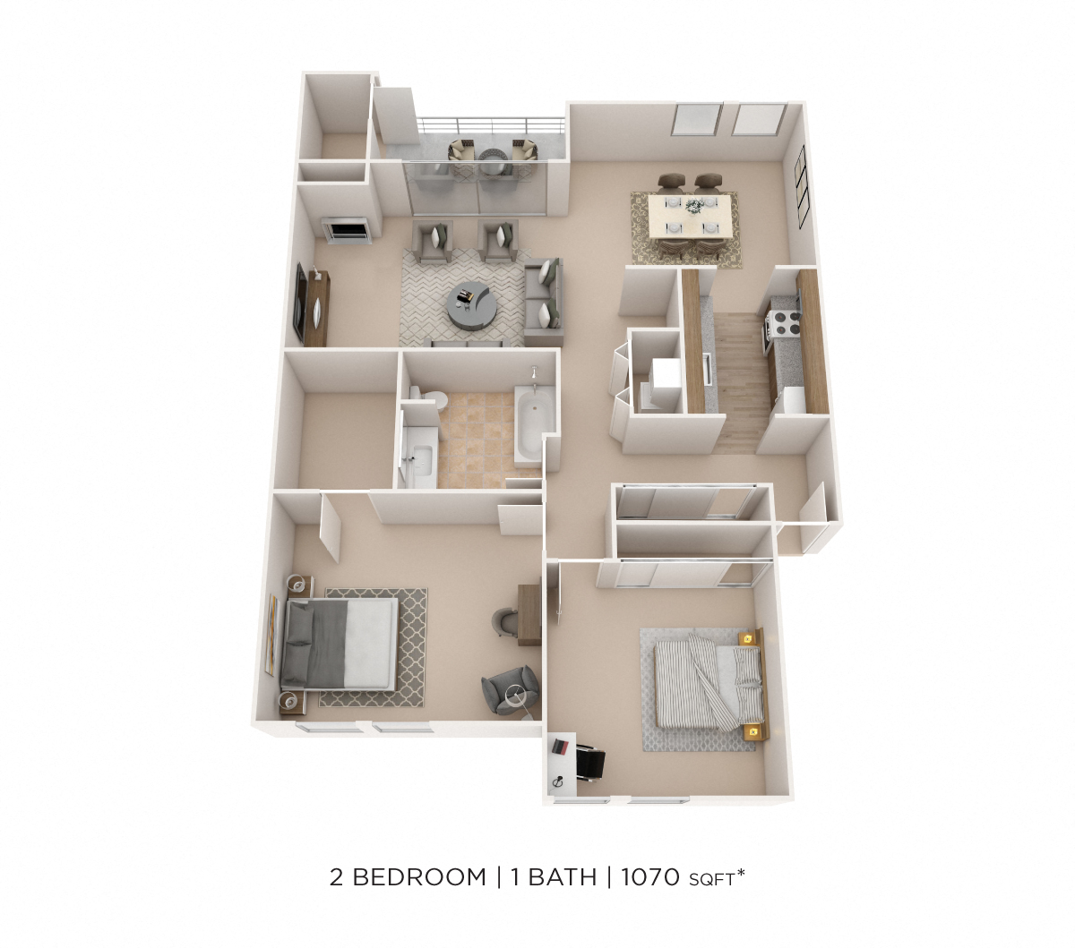 Two Bedroom- 1,070 sqft floor plan