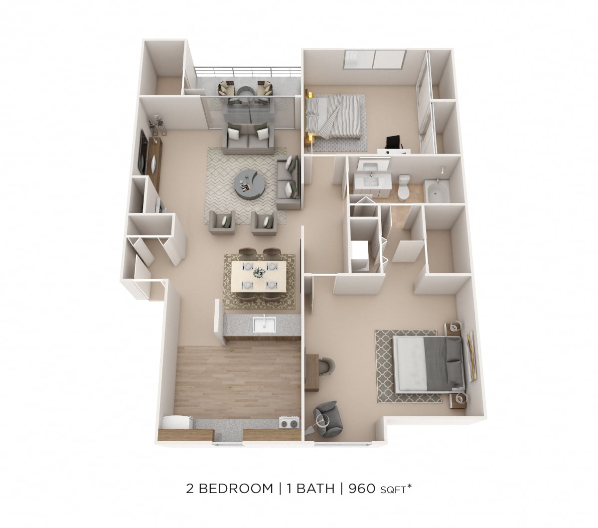 Two Bedroom- 960 sqft floor plan
