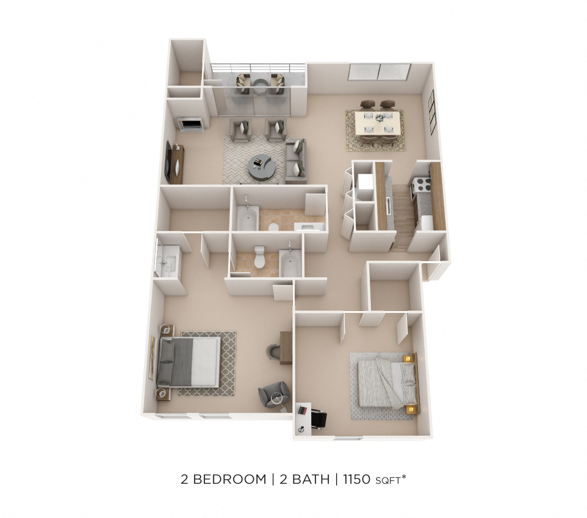 Two Bedroom 2 Bath- 1,150 sqft floor plan