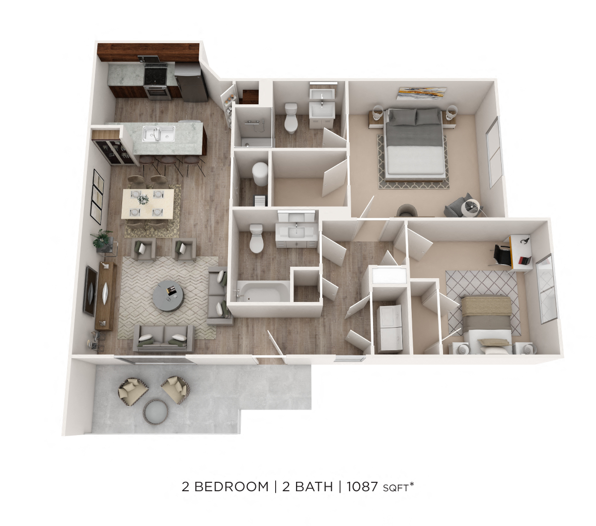 Two Bedroom 2 Bath- 1087 sqft floor plan