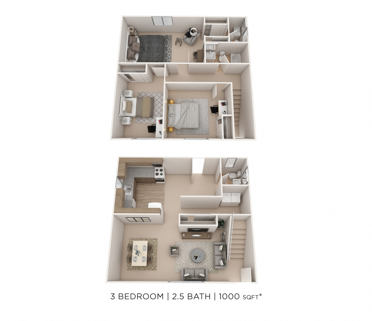 Three Bedroom 2.5 Bath Townhome floor plan
