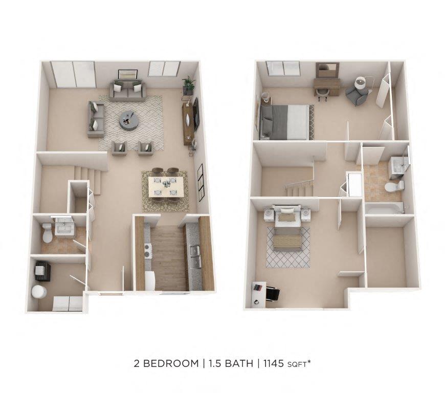Two Bedroom 1.5 Bath Townhome - 1,145 sqft floor plan