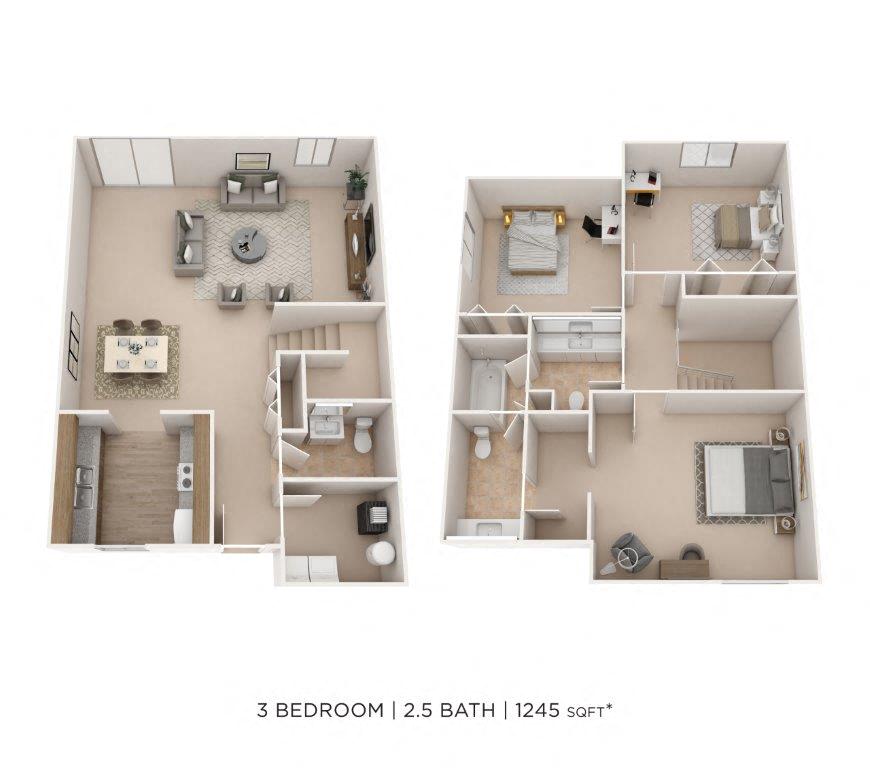 Three Bedroom 2.5 Bath Townhome - 1,245 sqft floor plan