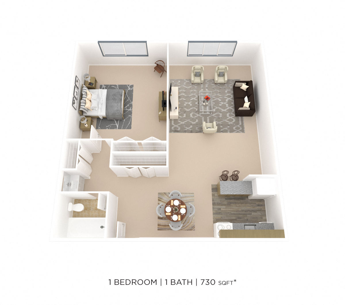 One Bedroom- 730 sqft floor plan