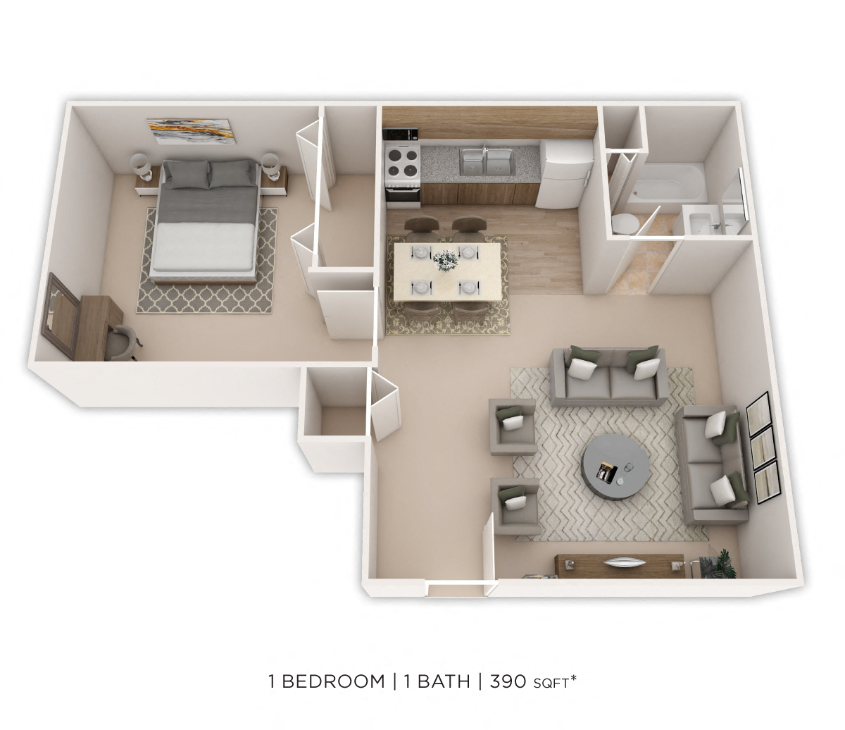 One Bedroom- 390 sqft floor plan