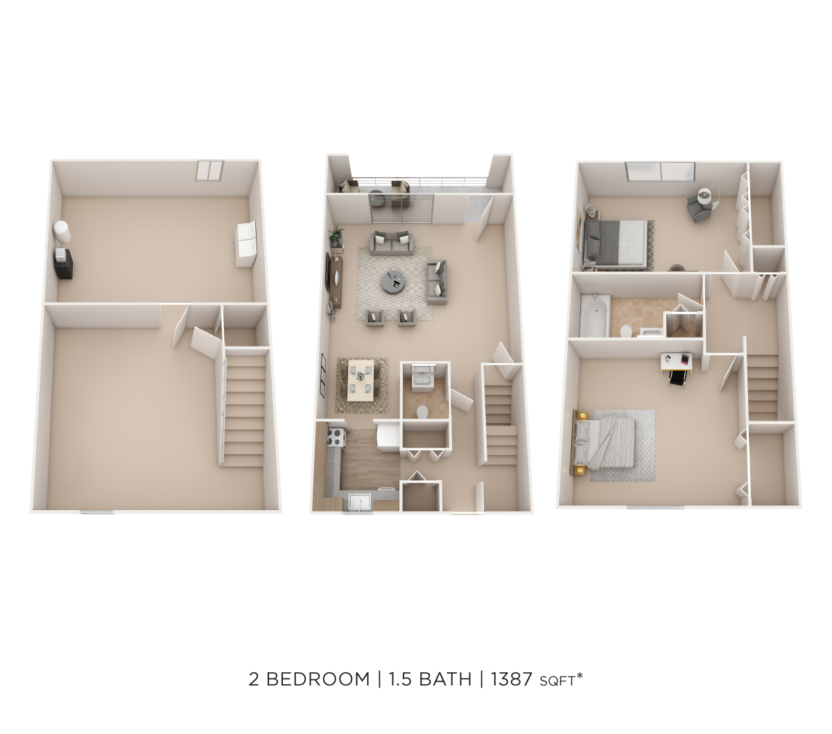 Two Bedroom 1.5 Bath Townhome - 1,387 sqft floor plan