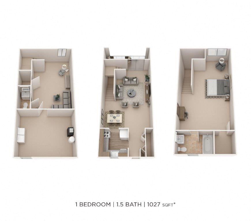 One Bedroom 1.5 Bath Townhome - 1,027 sqft floor plan