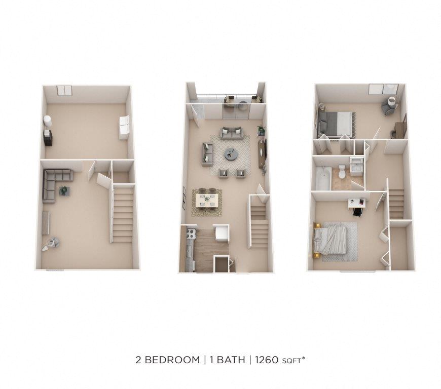 Two Bedroom Townhome - 1,260 sqft floor plan