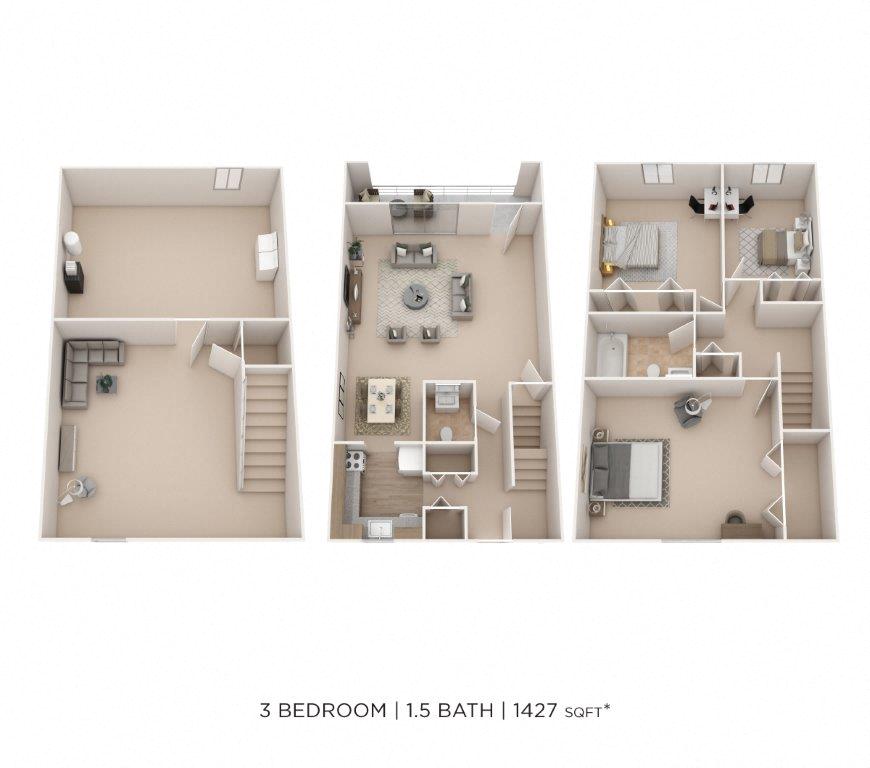 Three Bedroom 1.5 Bath Townhome - 1,427 sqft floor plan