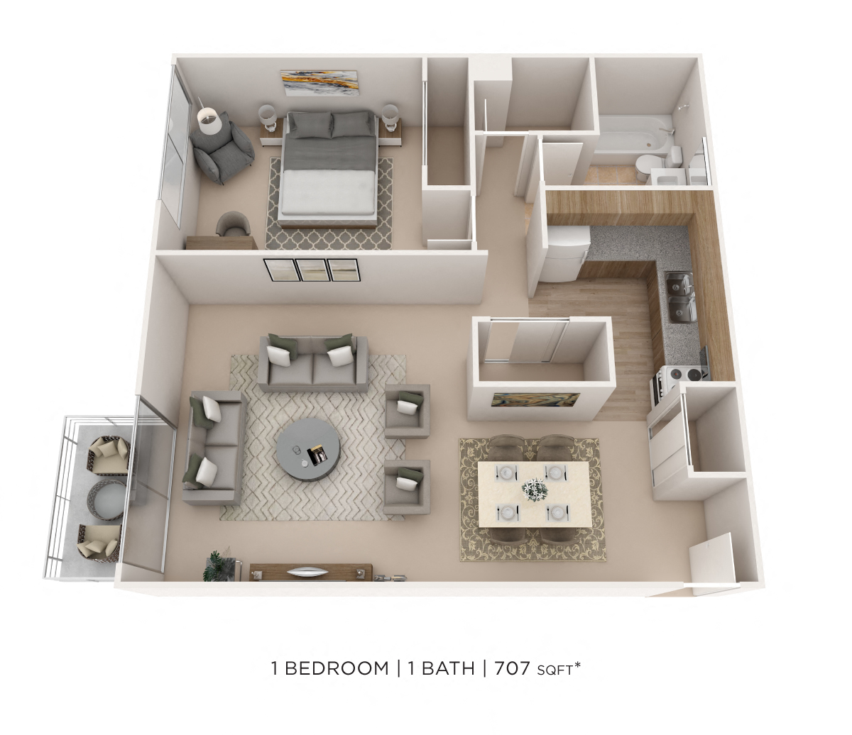 One Bedroom- 707 sqft floor plan