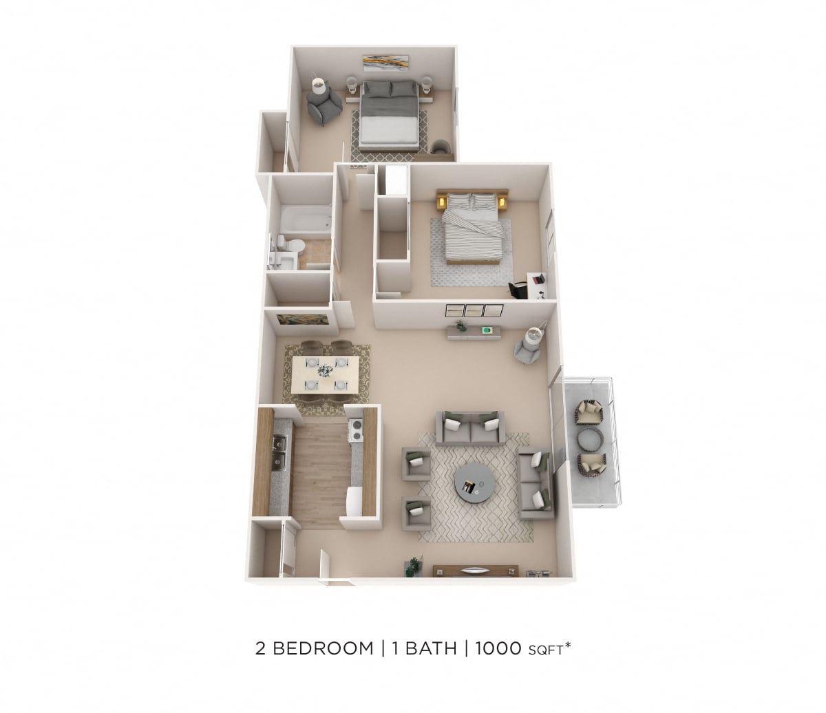 Two Bedroom- 1,000 sqft floor plan