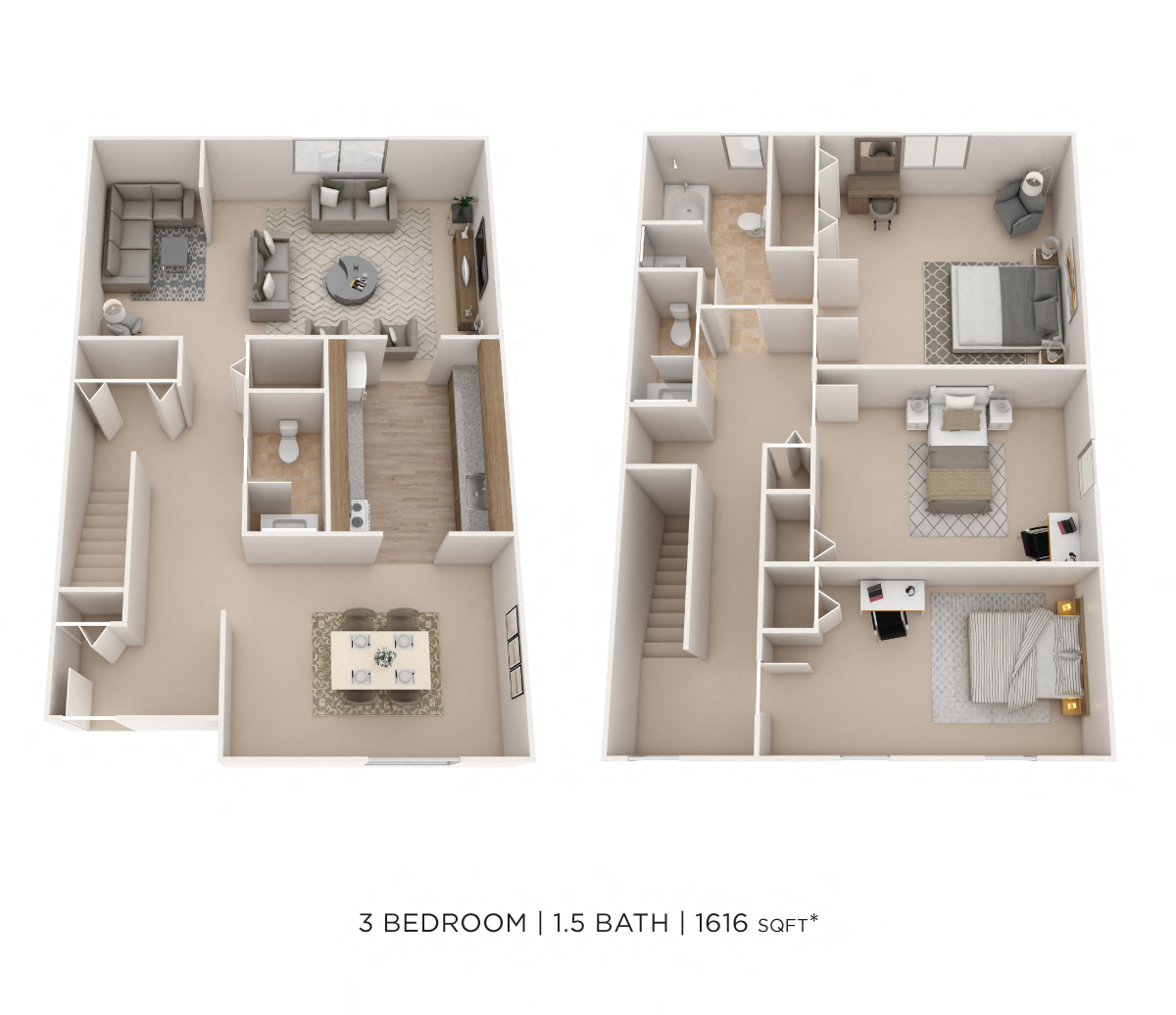 Three Bedroom 1.5 Bath Townhome- 1,616 sqft floor plan