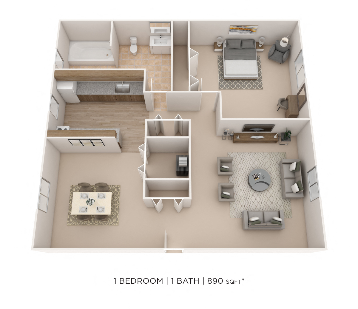 One Bedroom- 890 sqft floor plan