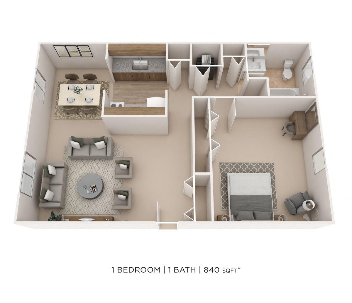 One Bedroom- 840 sqft floor plan